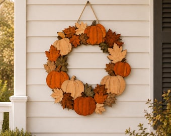 May include: A circular wreath featuring wooden pumpkin cutouts in shades of orange and tan, interspersed with artificial autumn leaves in brown, orange, and beige tones. The wreath is suspended by a thin jute twine loop at the top center.