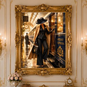 Könnte beinhalten: Ein großes, prunkvoll goldgerahmtes Gemälde, das eine Figur in dunklem Anzug und beigem Mantel zeigt, die in einen blauen Orient-Express-Zug einsteigt, präsentiert in einem luxuriösen Büro mit weißem Schreibtisch, rosa Stuhl und Regalen.