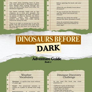 Könnte beinhalten: Ein grüner pädagogischer Abenteuerführer für das Buch Dinosaurs Before Dark, Book 2. Die Seite enthält vier Abschnitte im Stil von zerrissenem Papier mit den Überschriften: Welcome, Adventurer's!, Before You Read, Weather Vocabulary und Dinosaur Discovery Challenge.