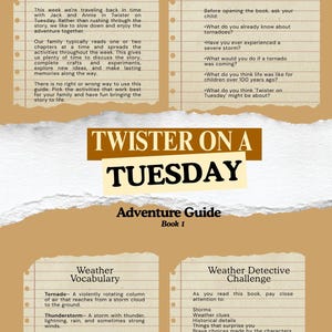 May include: A tan-colored educational adventure guide titled Twister on a Tuesday Book 1. The document features four sections with torn-paper edges: Welcome, Adventurer's, Before You Read, Weather Vocabulary, and Weather Detective Challenge.