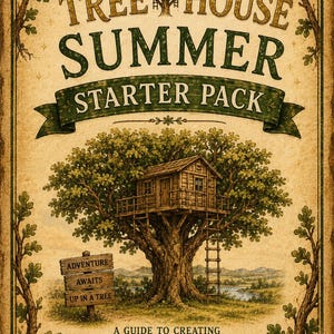 May include: A rectangular poster with a vintage aesthetic featuring the text MAGIC TREE HOUSE SUMMER STARTER PACK. The illustration depicts a wooden treehouse in a large oak tree, a sign reading ADVENTURE AWAITS UP IN A TREE, and the text A GUIDE TO CREATING OUR MAGIC TREE HOUSE SUMMER ADVENTURE, created by MORGAN GEYER.