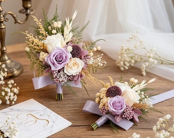 Morandi Color Wedding Boutonniere and Wrist Corsage Set | White and Purple Dried Rose Floral Accessories for Bridesmaids and Groomsmen