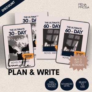 Può includere: Un pacchetto digitale per la pianificazione di romanzi con tre copertine di libri etichettate The Ultimate 30-Day e 60-Day Novel Writing Premium Edition. Le copertine mostrano sagome di gatti contro la luce di una finestra. Testo: Plan & Write, 500+ Guided Pages, Advanced Level, Ready To Use.
