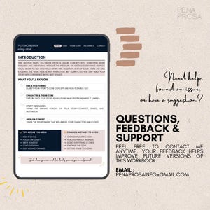 May include: A digital tablet displaying a plot workbook page titled Introduction, featuring sections on idea, character, story mechanics, and world context. Text includes tips, common mistakes, and contact information for Pena Prosa at penaprosainfo@gmail.com.