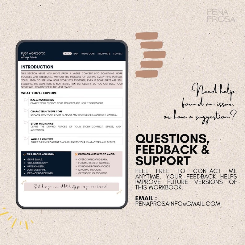 May include: A digital tablet displaying a plot workbook page titled Introduction, featuring sections on idea, character, story mechanics, and world context. Text includes tips, common mistakes, and contact information for Pena Prosa at penaprosainfo@gmail.com.