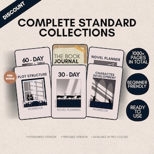 May include: A collection of digital workbooks and planners titled Complete Standard Collections, including 60-Day Plot Structure, The Book Journal, Novel Planner, 30-Day Novel Planning, and Character Development, featuring cat illustrations and over 1000 pages.