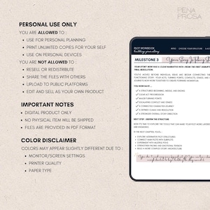 May include: A digital plot workbook page titled Milestone 3 displayed on a tablet screen. The text outlines narrative progression, structured acts, and character journeys. The left side lists personal use terms, digital product notes, and color disclaimers.