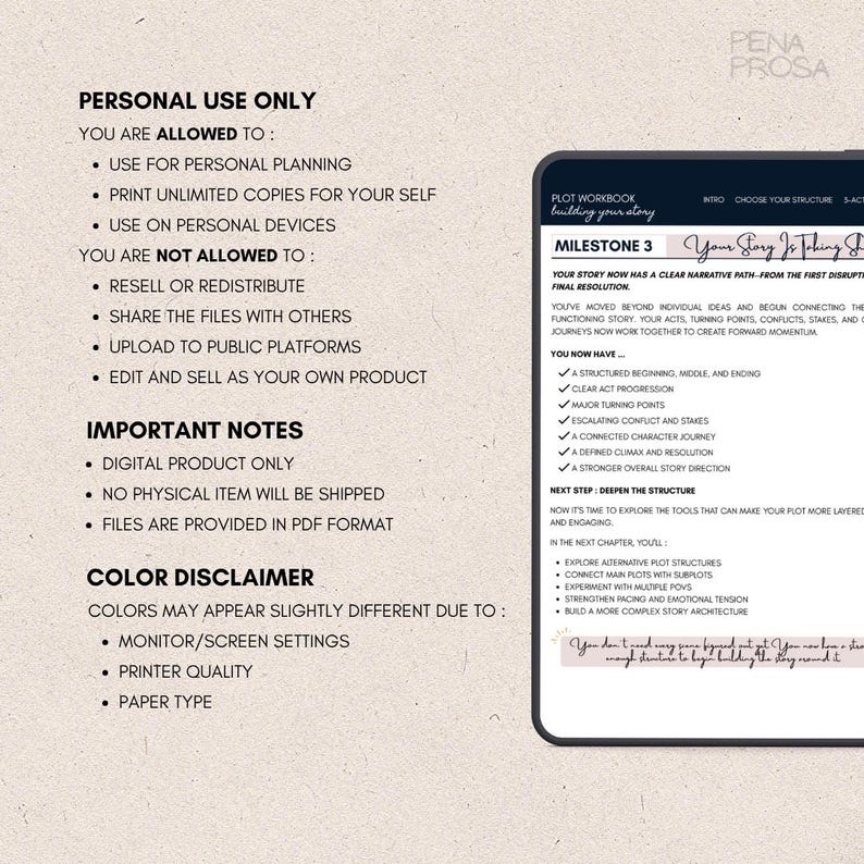 May include: A digital plot workbook page titled Milestone 3 displayed on a tablet screen. The text outlines narrative progression, structured acts, and character journeys. The left side lists personal use terms, digital product notes, and color disclaimers.