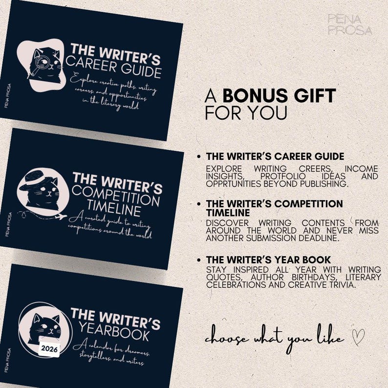 May include: Three dark blue rectangular cards featuring cat illustrations and white text. Titles include The Writer's Career Guide, The Writer's Competition Timeline, and The Writer's Yearbook 2026. Text on the right lists these items as a bonus gift.