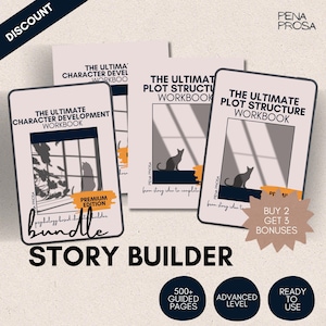 Può includere: Un pacchetto di tre quaderni di esercizi intitolati The Ultimate Character Development Workbook e The Ultimate Plot Structure Workbook di Pena Prosa. Le copertine mostrano la sagoma di un gatto in una finestra con del testo.