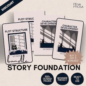 May include: A bundle of three workbooks titled Plot Structure and Character Development by Pena Prosa. The covers feature illustrations of cats in windows with light and shadow patterns. Text includes Story Foundation, 300+ Guided Pages, Beginner Friendly, Ready To Use, and Buy 2 Get 3 Bonuses.