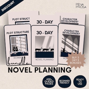 Op de afbeelding: Een bundel van drie lichtroze werkboeken voor romanplanning door Pena Prosa. De covers bevatten donkerblauwe tekst waaronder Plot Structure, 30-Day Novel Planning en Character Development, met illustraties van katten en ramen.