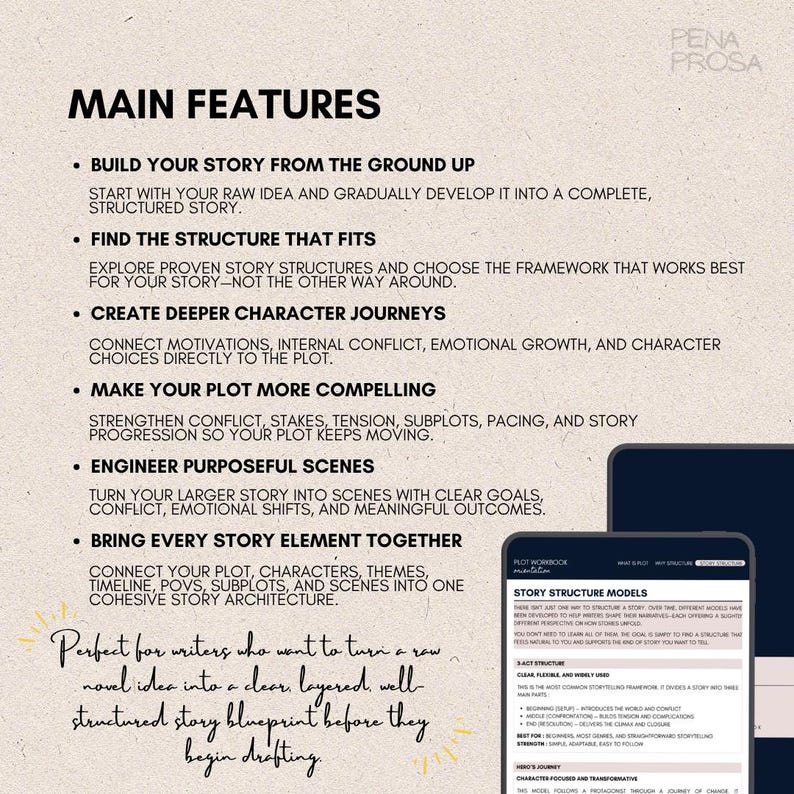 May include: A beige informational graphic titled MAIN FEATURES with black text listing six points for story development. Below, two dark tablets display a digital document titled STORY STRUCTURE MODELS with text about 3-act structure and hero's journey.