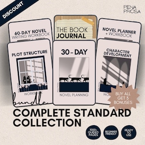 May include: A digital bundle of writing workbooks and planners titled Complete Standard Collection by Pena Prosa. The set includes guides for 60-day novel writing, plot structure, character development, and a 30-day novel planning journal.