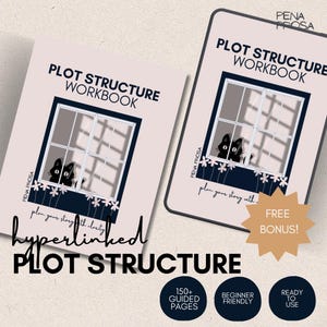 Op de afbeelding: Twee Plot Structure Workbook-covers in lichtroze met donkerblauwe tekst. Elke cover toont een raamillustratie met een zwarte kat en lichtroze bloemen. De tekst luidt Pena Prosa, Plot Structure Workbook en plan your story with clarity.