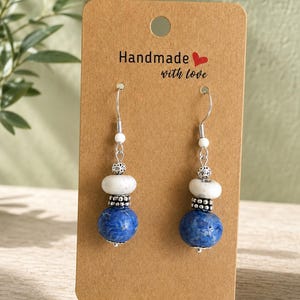 Handmade Polymer Clay Earrings, Cobalt Blue and White Dangle Earrings, Stacked Bead Drop Earrings, Antique Silver Gift for Her
