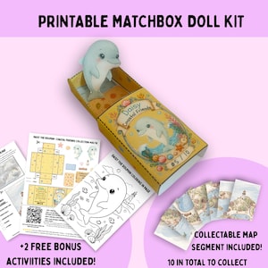 Puede incluir: Un kit de muñeca en caja de cerillas para imprimir que incluye una figura de delfín de papel, una caja amarilla con una ilustración de delfín etiquetada Daisy Coastal Friends #5/10, una página para colorear, una plantilla y cinco mapas costeros.