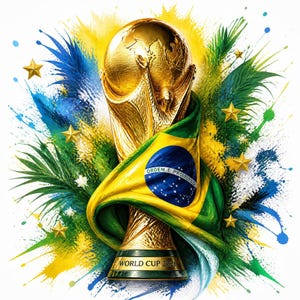 Puede incluir: Un trofeo de color dorado con un globo terráqueo en la parte superior y el texto WORLD CUP 2026 en la base. El trofeo está envuelto en una bandera verde, amarilla y azul con el texto ORDEM E PROGRESSO, rodeado de hojas de palma y estrellas doradas.