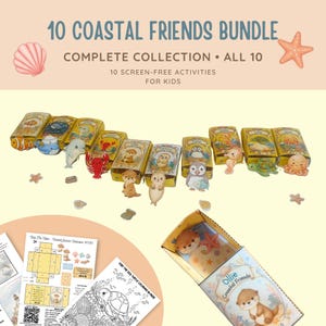 May include: A 10 Coastal Friends bundle featuring ten small rectangular boxes with illustrated sea creatures, including a clownfish, dolphin, lobster, otter, and penguin. The set includes paper activity sheets and a box containing a small plush toy.
