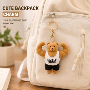 Funny Muscle Bear Plush Keychain, Boyfriend Gift, Gym Lover Gift for Him, Cute Bodybuilder Bear Charm, Backpack Pendant