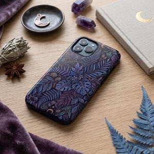 Night Botanical Phone Case | Tough Magnetic Case, Blue Purple Floral Leaf