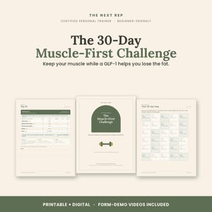 Op de afbeelding: Een digitale fitnessgids getiteld The 30-Day Muscle-First Challenge, met een trainingsschema, een voorpagina met een haltericoon en een 30-dagen kalender. Het document bevat tekst over GLP-1, beginnersvriendelijke training en printbare of digitale opties.