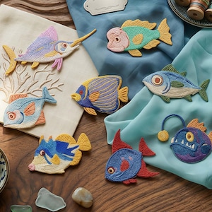 Può includere: Una collezione di sette toppe ricamate a forma di pesce in vari colori e forme, tra cui un pesce spada, una rana pescatrice e diversi pesci tropicali, disposti su un tessuto chiaro con ricami di corallo e un drappo di tessuto blu.