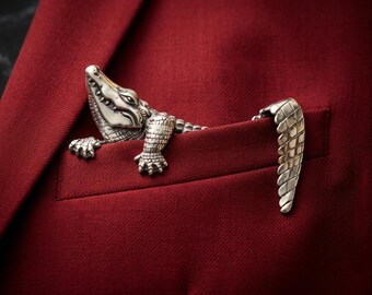 Silver Crocodile Lapel Pin – Vintage Alligator Pocket Square Accessory