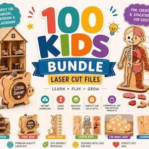 100 Kids Laser Cut Files Bundle SVG DXF | Wooden Toys Doll House Piggy Bank Human Body Puzzle Night Light Height Chart Commercial Use