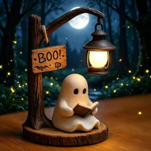 Op de afbeelding: Een klein, crèmekleurig spookfiguurtje zit op een ronde houten voet en leest een open boek. Een bruine houten paal houdt een hangende lantaarn met een gloeiend licht vast en een rechthoekig houten bord met de tekst BOO! en een vleermuisicoon.