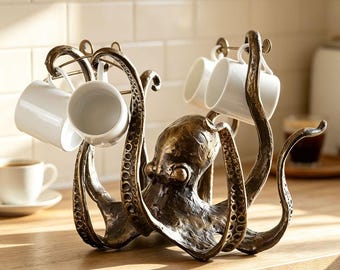 Vintage Octopus Mug Holder, Resin Octopus Tentacle Cup Rack, Nautical Coastal Tabletop Decor, Coffee Cup Organizer, Unique Ocean Themed Gift