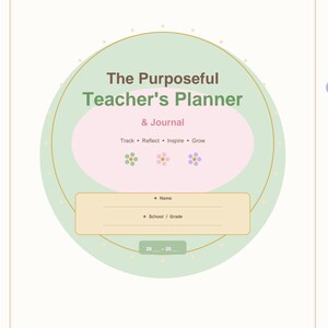 Puede incluir: Una portada de planificador y diario titulada The Purposeful Teacher's Planner & Journal. Presenta un círculo verde claro, un óvalo rosa y un rectángulo beige con líneas para Name y School/Grade. El texto incluye Track, Reflect, Inspire, Grow y 20__-20__.
