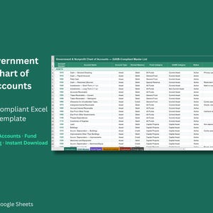 May include: A digital spreadsheet template titled Government & Nonprofit Chart of Accounts — GASB-Compliant Master List. The table displays columns for Account Number, Account Name, Account Type, Normal Balance, Fund Category, GASB Category, Status, and Notes.
