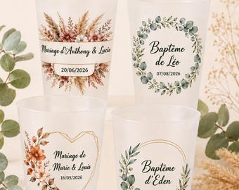 Eco Cups personnalisées mariage, baptême, anniversaire – Gobelets givrés réutilisables 25 cl – Prénom, date et motif au choix