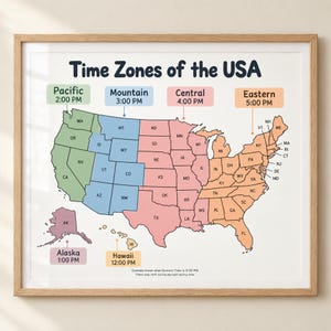 May include: A framed wall art print titled Time Zones of the USA, featuring a map of the United States color-coded by time zone. The map displays Pacific, Mountain, Central, Eastern, Alaska, and Hawaii zones with corresponding times and state abbreviations.