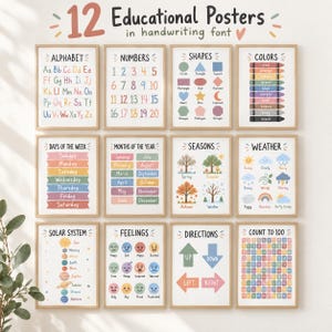 Może przedstawiać: Zestaw 12 plakatów edukacyjnych z czcionką odręczną, przedstawiających alfabet, liczby od 1 do 20, kształty, kolory, dni tygodnia, miesiące, pory roku, pogodę, układ słoneczny, uczucia, kierunki oraz tabelę liczenia do 100.