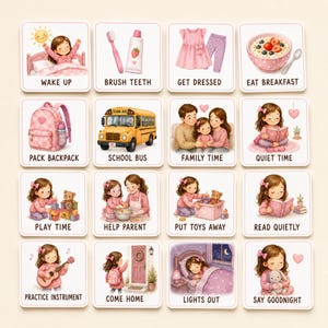 Puede incluir: Un conjunto de dieciséis tarjetas cuadradas con ilustraciones de rutinas diarias para niños. Cada tarjeta muestra una actividad específica, como despertarse, cepillarse los dientes, desayunar o leer, acompañada de texto descriptivo bajo cada imagen.