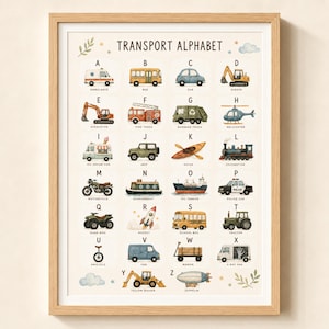 May include: A framed educational wall art print titled TRANSPORT ALPHABET, featuring watercolor illustrations of various vehicles corresponding to each letter from A to Z, including an ambulance, bus, car, digger, fire truck, and rocket.