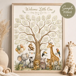 May include: A framed baby shower guest tree print featuring the text Welcome Little One and Baby Shower Guest Tree. The tree has light green leaves for signatures and is surrounded by illustrations of a monkey, elephant, zebra, lion, hippo, tiger, giraffe, rhino, toucan, and parrot.