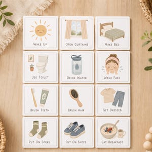 May include: A set of twelve square cards featuring illustrations and text for daily routines, including Wake Up, Open Curtains, Make Bed, Use Toilet, Drink Water, Wash Face, Brush Teeth, Brush Hair, Get Dressed, Put On Socks, Put On Shoes, and Eat Breakfast.