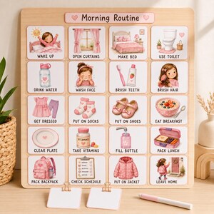 May include: A wooden morning routine chart featuring twenty square cards with pink-themed illustrations and text labels. Each card depicts a daily task like waking up, brushing teeth, or packing a backpack, organized in a grid on a light wood board.
