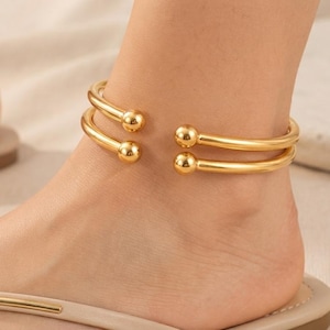 18K Gold Plated Ball End Anklet Set of 2 | Open Cuff Anklet | Adjustable Minimalist Ankle Bracelet | Boho Foot Jewelry | Gift for Her