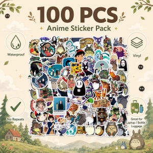 May include: A collection of 100 pieces of anime-themed vinyl stickers featuring various characters and scenes. The pack is labelled as waterproof and contains no repeats, with designs suitable for laptops, bottles, and luggage.