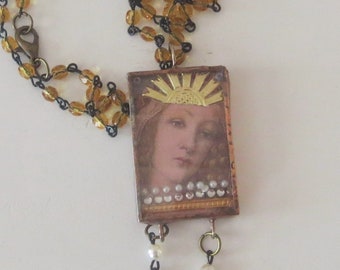 Copper Patina Madonna Shadowbox, Amber Rosary Bead Necklace
