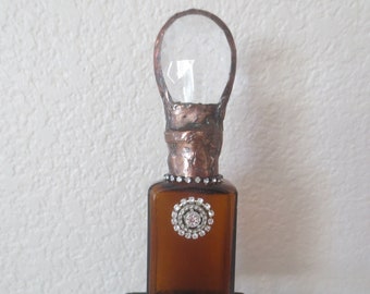 Soldered Crystal Chandelier Antique Amber Bottle Assemblage One of a Kind