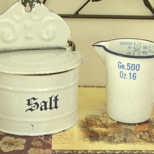 Vintage Enamelware Salt Box and Measuring Cup