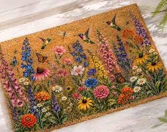 Wildflower Garden Doormat, Hummingbird Welcome Mat, Butterfly Floral Door Mat, Cottagecore Porch Decor, Spring Home Decor