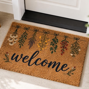 Alfombra de bienvenida personalizada, alfombra para puerta principal con nombre personalizado, alfombra de exterior estilo rústico bohemio, alfombra de entrada estilo cottagecore, regalo de inauguración de casa y decoración del hogar