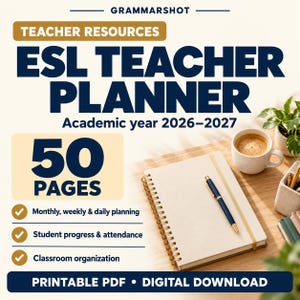 Agenda per insegnanti di inglese come seconda lingua (ESL) 2026-2027 stampabile, agenda per le lezioni in PDF, organizzatore digitale per la classe.