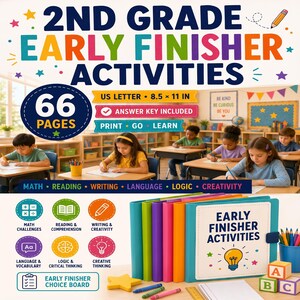 Può includere: Un quaderno di attività di 66 pagine per la seconda elementare con esercizi di matematica, lettura, scrittura, lingua, logica e creatività. La copertina mostra il titolo, una lampadina e stelle colorate. Pagine di 21,59 x 27,94 cm.